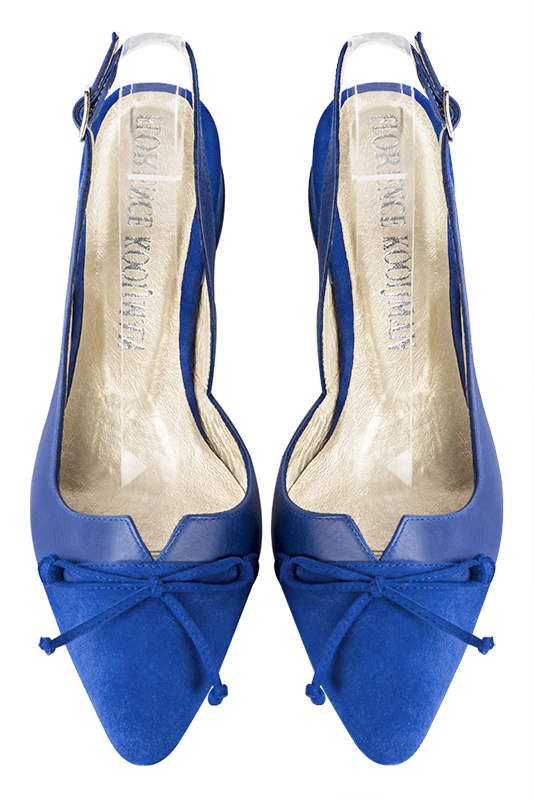 Electric blue women's open back shoes, with a knot. Tapered toe. Low flare heels. Top view - Florence KOOIJMAN